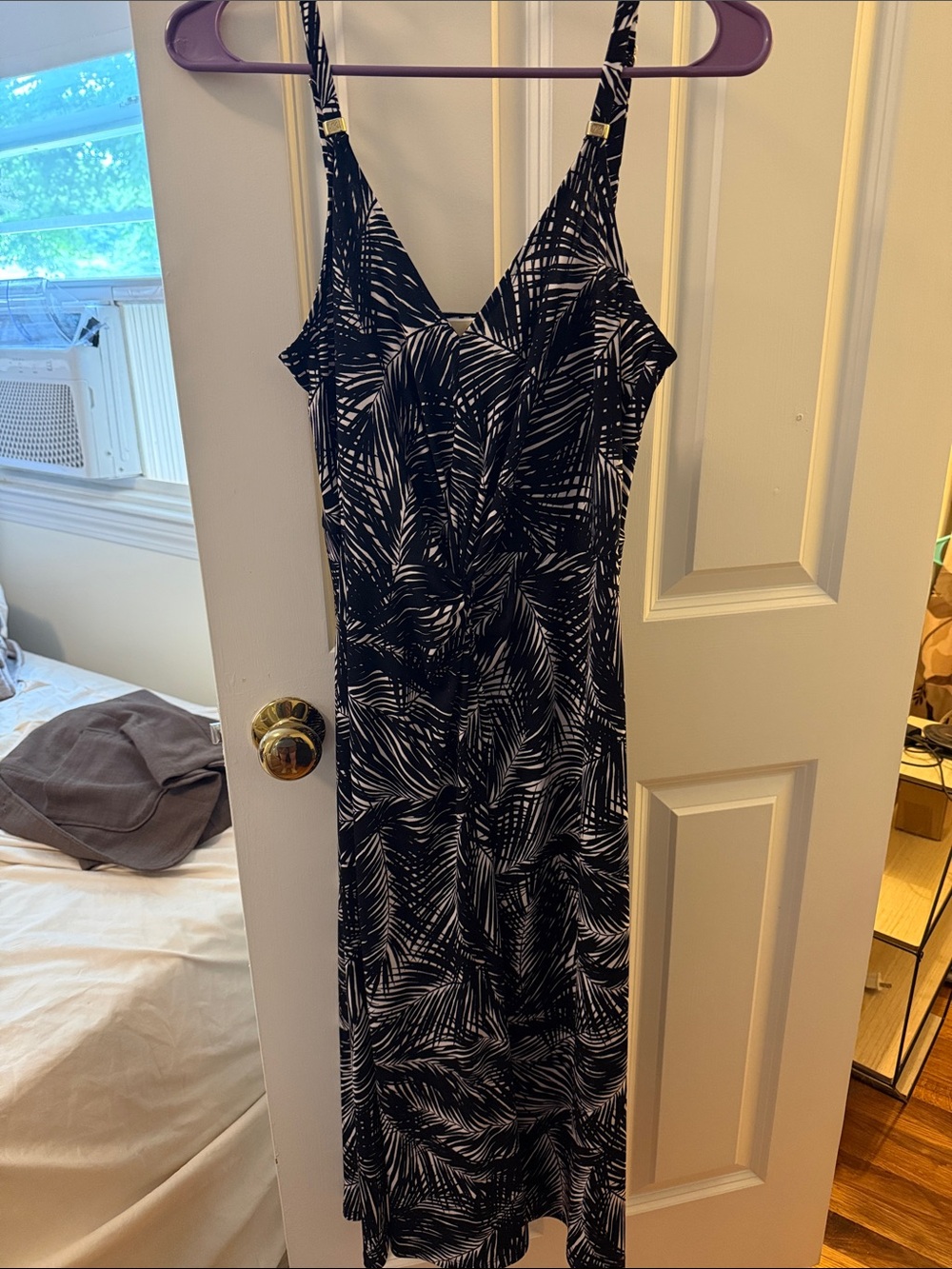 Michael Kors Black & White Palm-Print Slip Dress